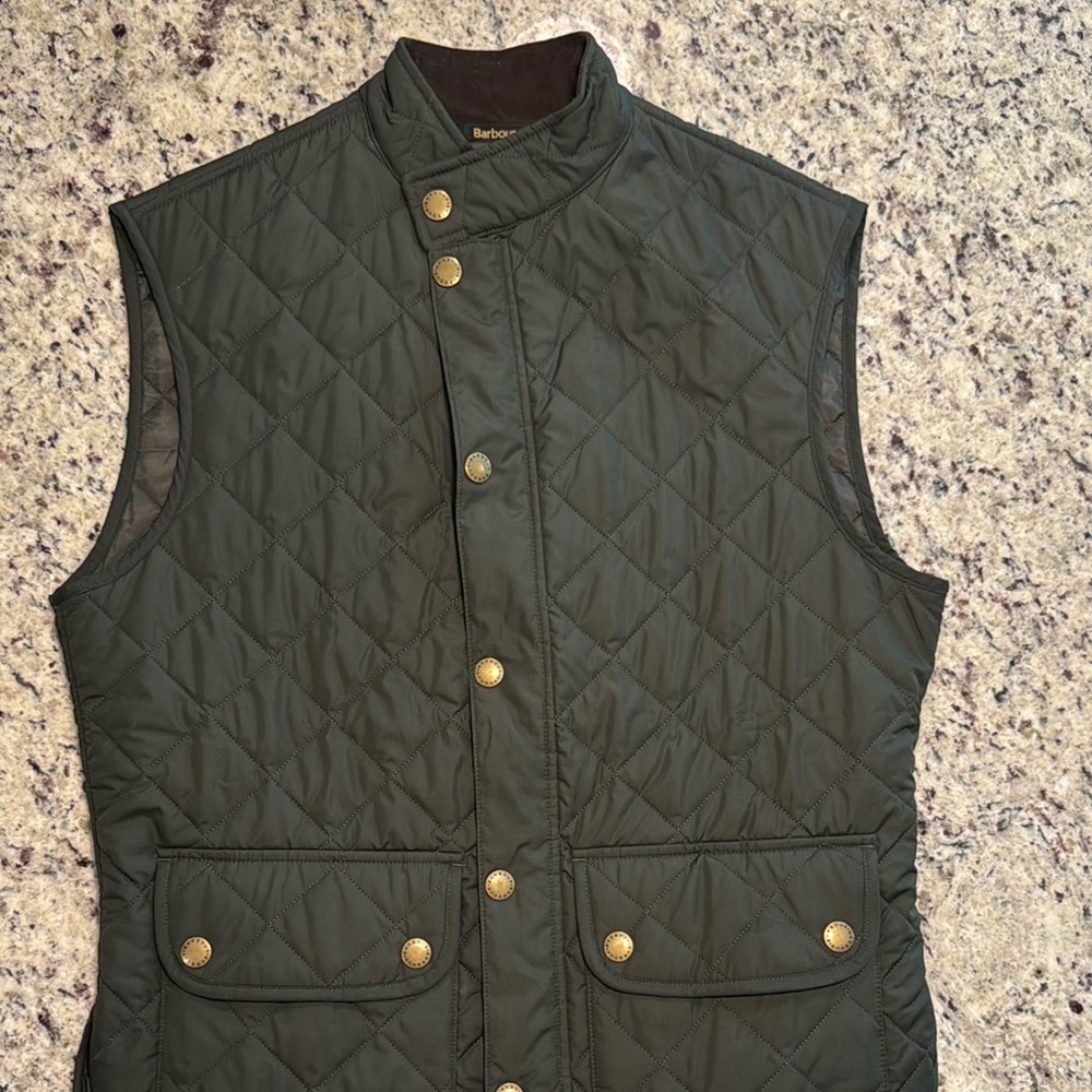 Barbour Green Quilted Vest with Stand-Up Collar